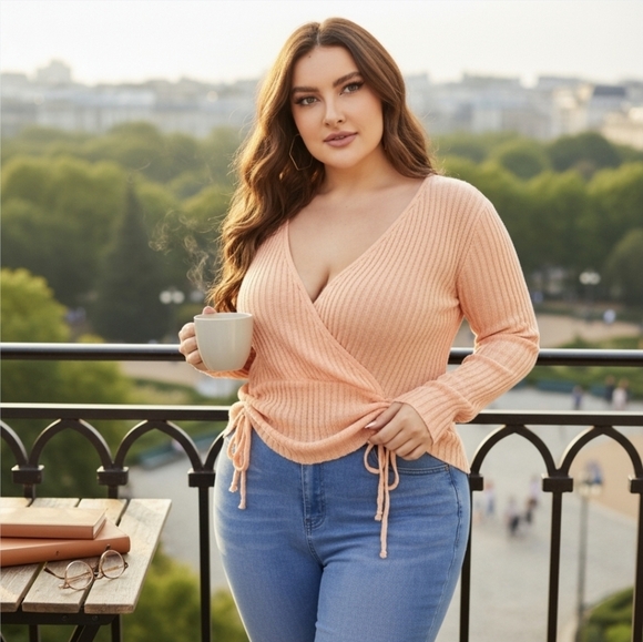 SHEIN ✦ Coral Plus Size Wrap Sweater ✦ Drawstring Front Surplice Top 3X - Picture 1 of 7